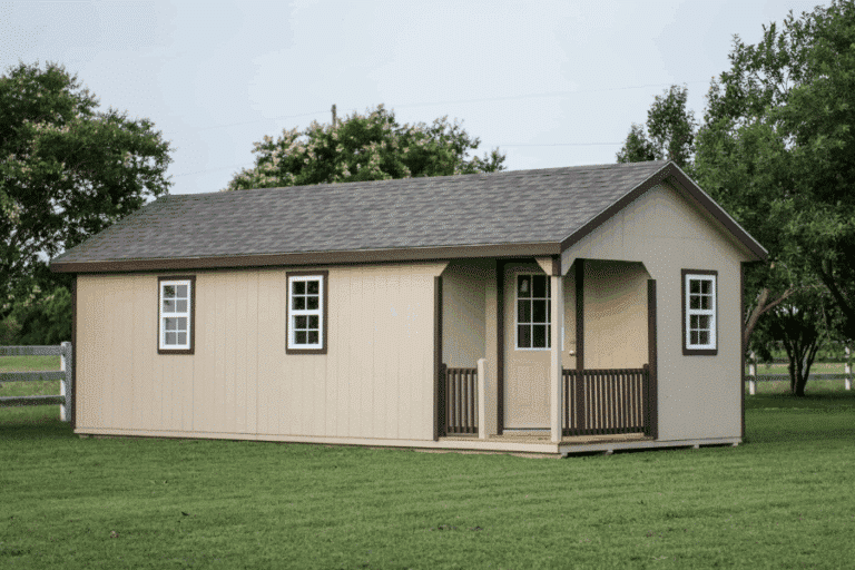 beige outpost finished cabin with small porch and gray shingle roof for sale in central Texas